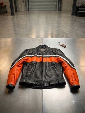 Black & Orange Leather Paded Motorcycle Jacket - Men's Racing size 46 (SMALL)